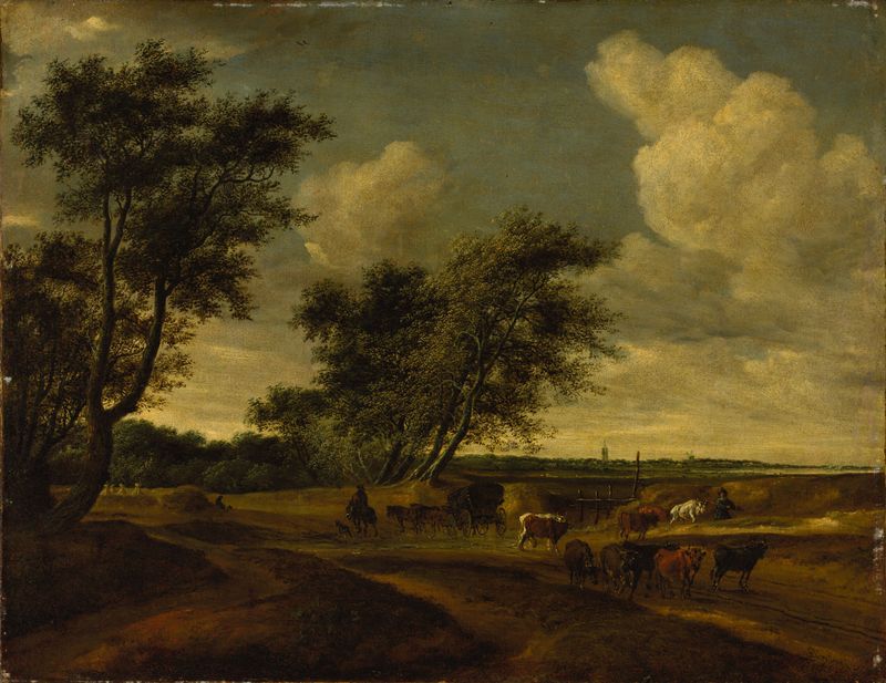 Paisaje pastoral con un rebaño bajo la luz dorada, óleo de Salomon van Ruysdael