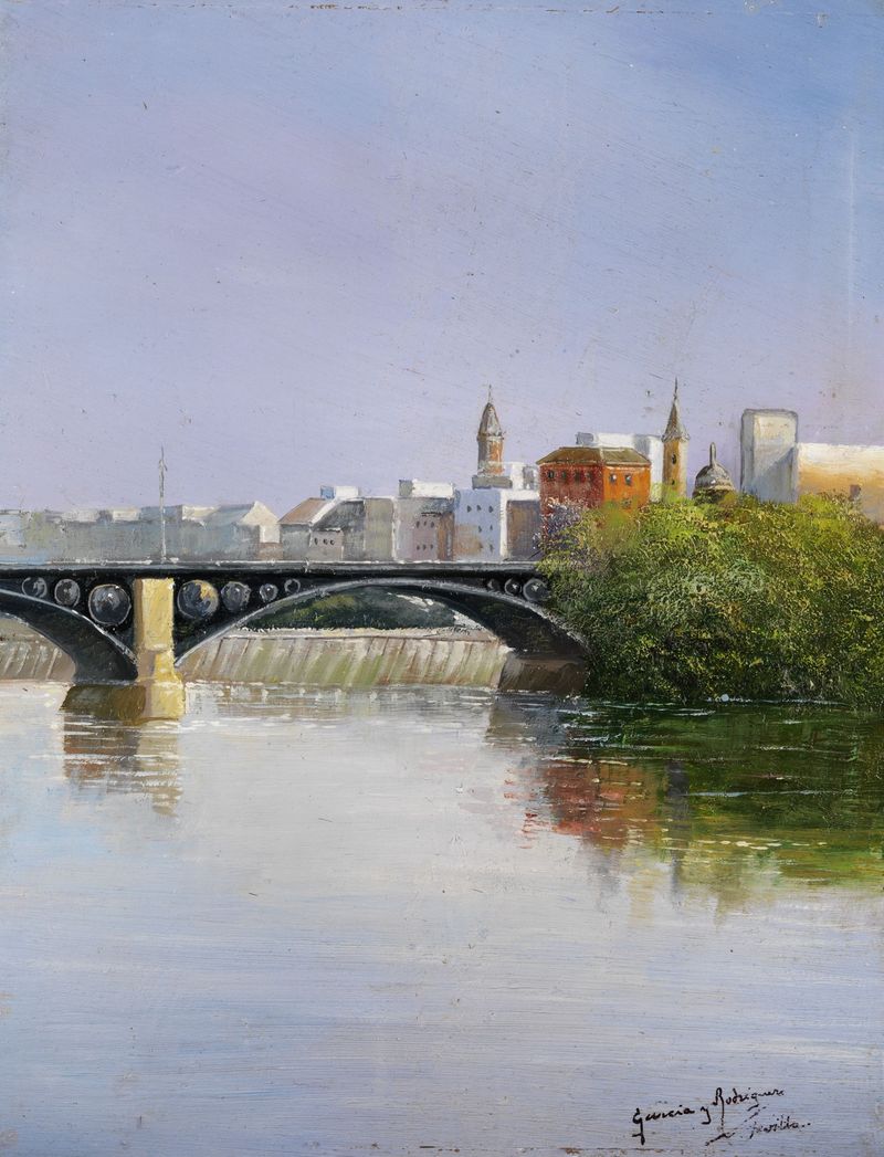 Ponte em Sevilha de Manuel García y Rodríguez, óleo sobre tela que retrata arcos sobre um rio.