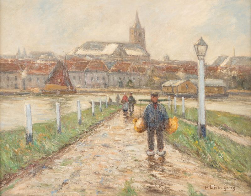 Harbour town by the lower Rhine, óleo sobre tela de Helmuth Liesegang, retratando uma cena de rio tranquila.