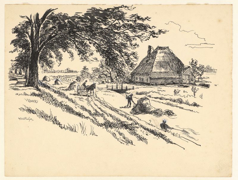 Paisaje con una granja y campos de Maarten Oortwijn, pintura al óleo