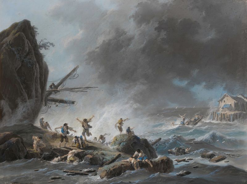 A shipwreck on a rocky coast during a storm, oil painting by Jean-Baptiste Pillement