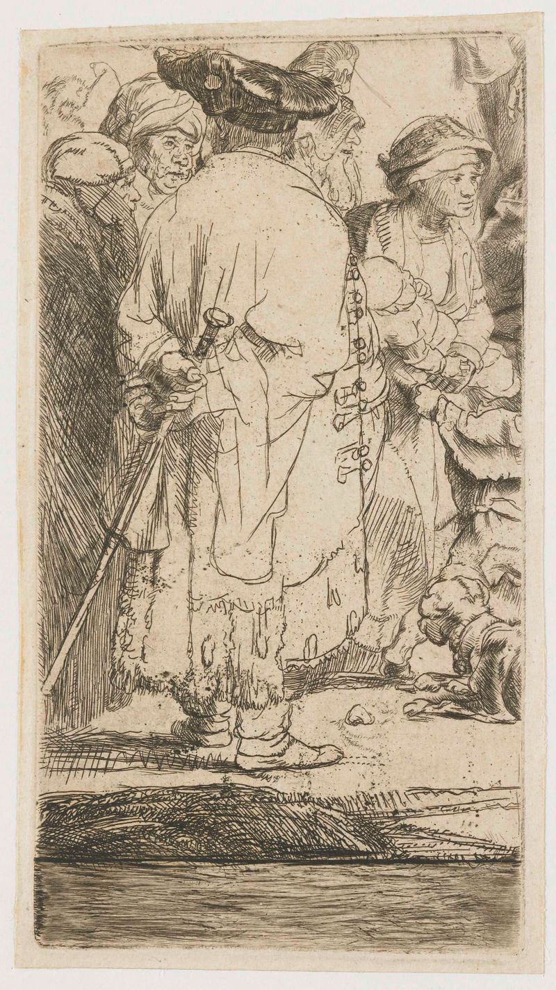 Etching by Rembrandt van Rijn featuring a man in shadow