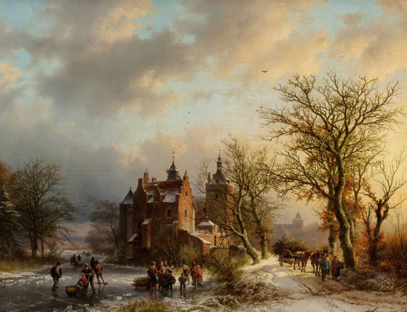Winter landscape with wood gatherers and skaters, oil on canvas by Barend Cornelis Koekkoek