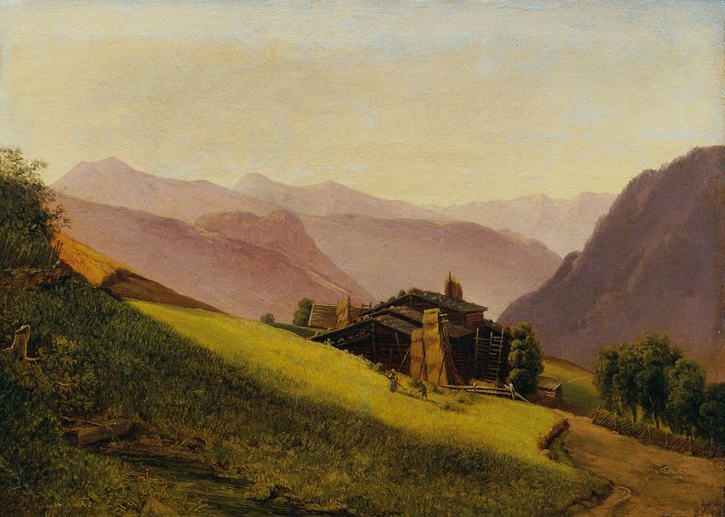 Paisagem romântica com agricultores e cabanas de Franz Wipplinger