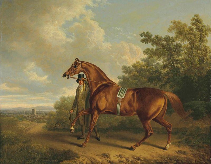 A chestnut hunter and his groom in a landscape, oil on canvas by Charles Towne