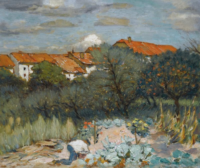 Paisaje con Tejados Rojos de Peter Alexandrovitch Nilouss, pintura al óleo que muestra tejados rojos y paisaje apagado.