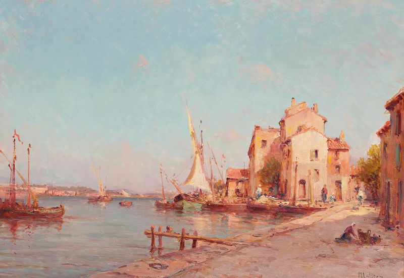 Marine scene depicting a quay on the French Riviera by Henry Malfroy, oil painting