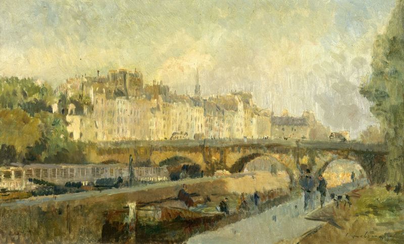 Le Pont Neuf de Albert Lebourg, óleo sobre tela mostrando uma ponte sobre um rio com suaves reflexos.