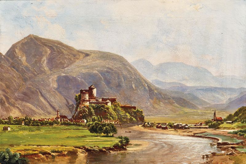 Pintura al óleo de Ludwig Skell que representa montañas y un río al atardecer