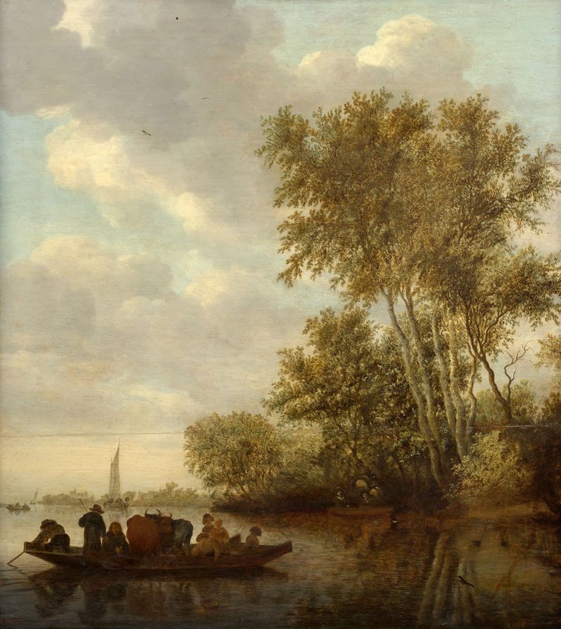 The ferry de Salomon van Ruysdael, óleo sobre lienzo, que representa un pequeño ferry en un río