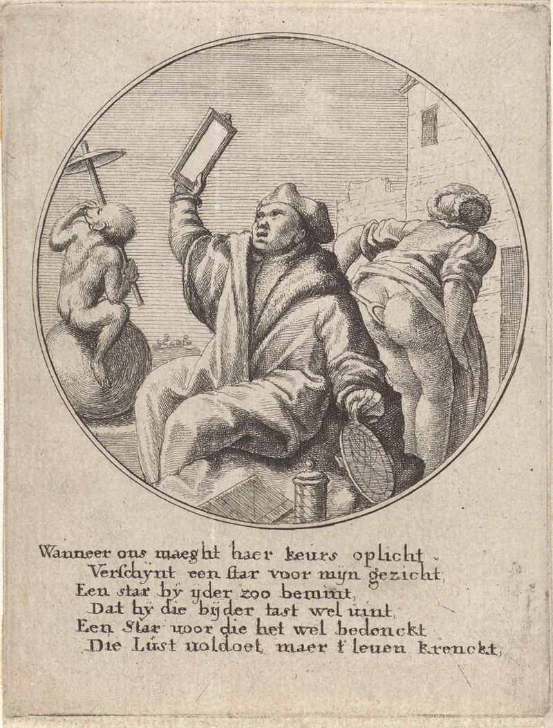 Grabado de Wenceslaus Hollar que muestra a un médico con un espejo reflejando a una mujer desnuda