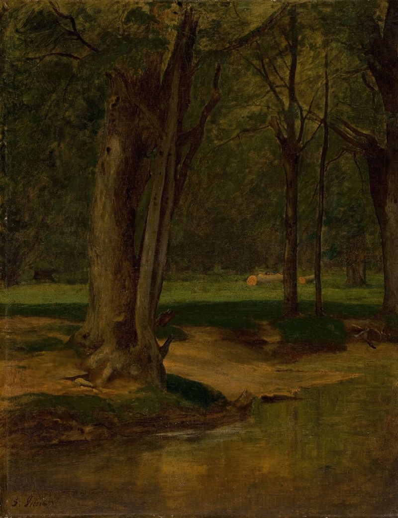 Trout Stream, North Conway by George Inness, oil painting depicting a serene stream with sunlight and greenery.