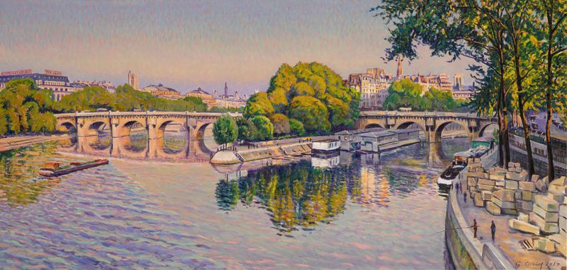 Le Pont-Neuf, eté, 20 heures by Gustave Cariot, oil on canvas depicting a twilight cityscape.