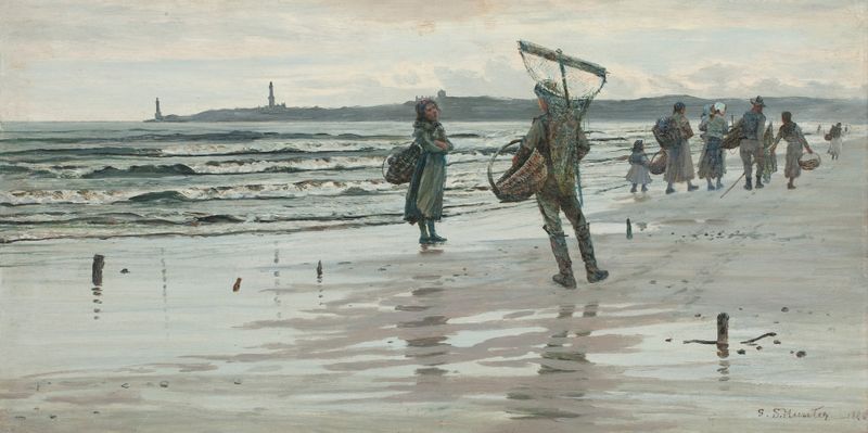 Fisherfolk Returning, Aberdeen de George Sherwood Hunter, óleo que muestra pescadores y barcos.