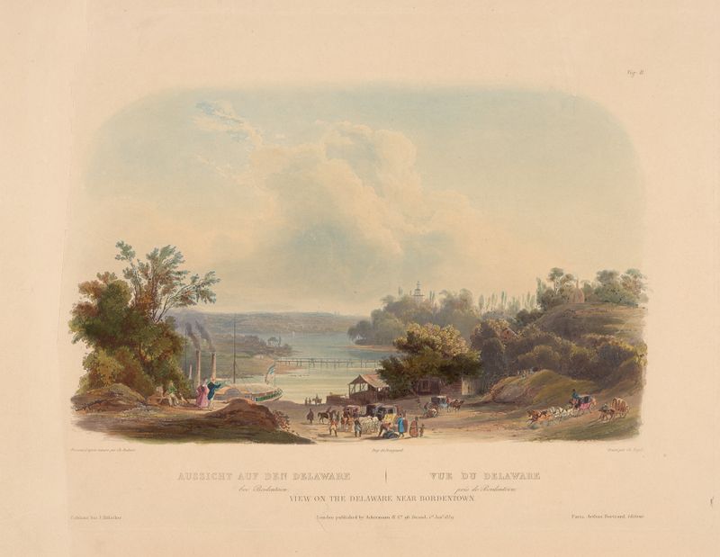 Watercolour by Karl Bodmer depicting a tranquil landscape with a river and soft sky.