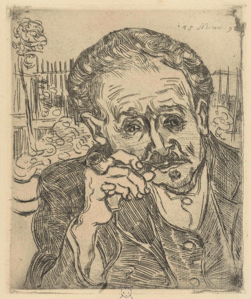 Etching by Vincent van Gogh depicting Dr Gachet with expressive features.