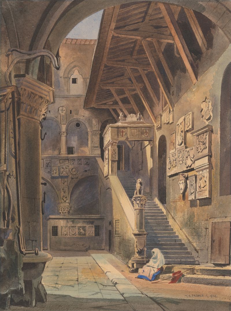 Court of the Bargello, Florence gravura de Thomas Hartley Cromek mostrando luz e sombra nos paralelepípedos.