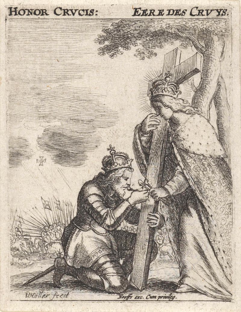 Grabado religioso de Wenceslaus Hollar que representa figuras celestiales con túnicas.