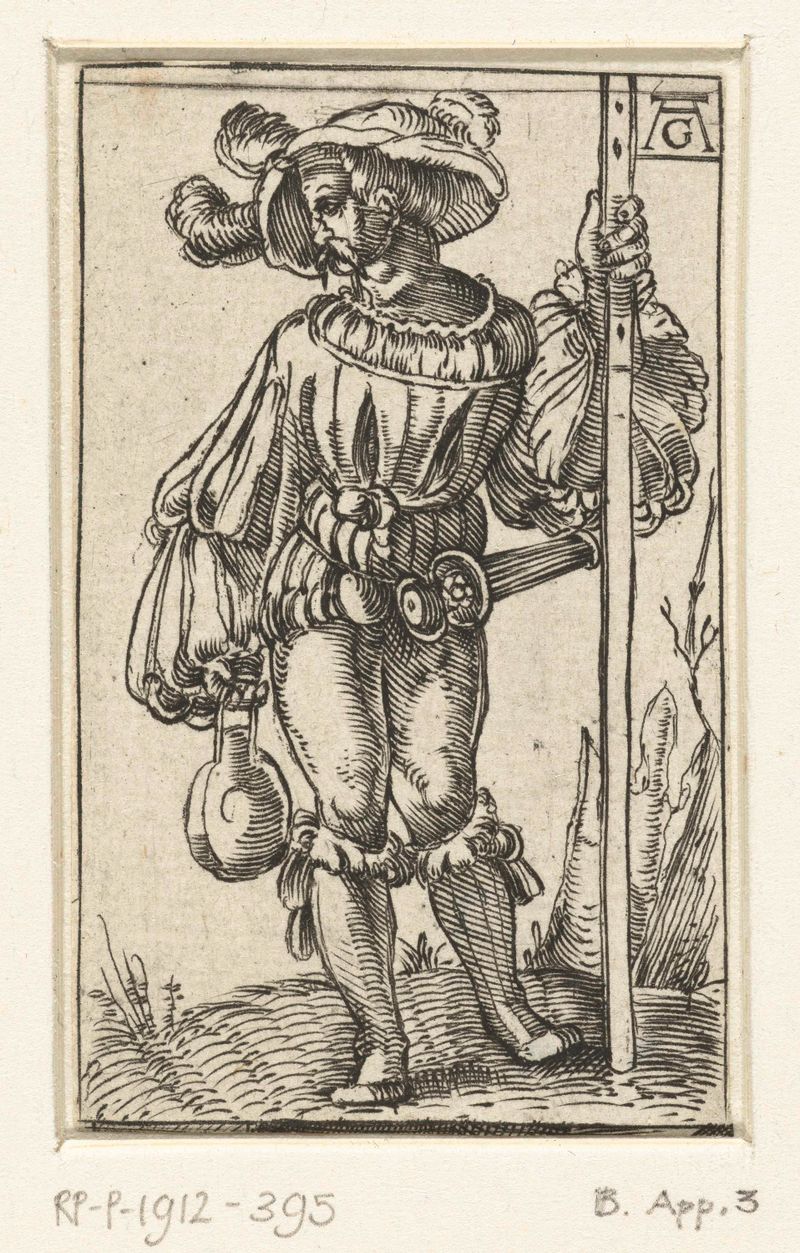 Grabado de un landsknecht sosteniendo una botella por Unknown Artist