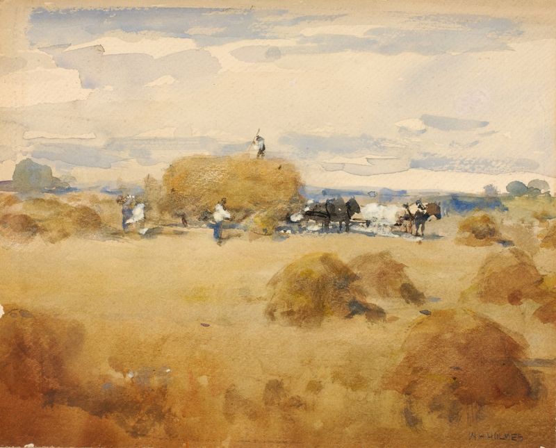 Haymaking Scene by William Henry Holmes, oil on canvas depicting a sunlit hayfield.