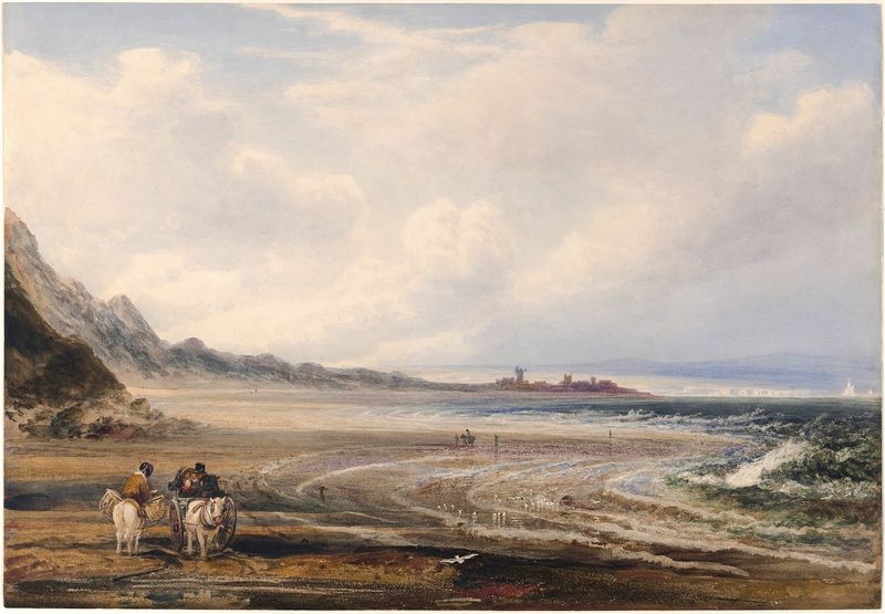 Landscape with travelers on sand by Peter De Wint, 1838, oil painting