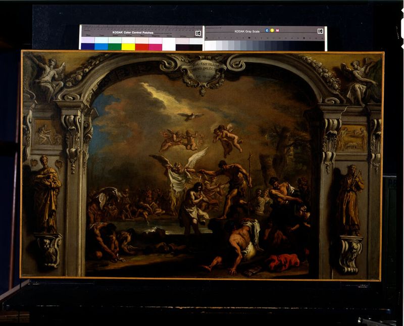 The Baptism of Christ, oil on canvas by Sebastiano Ricci, depicting figures by a river