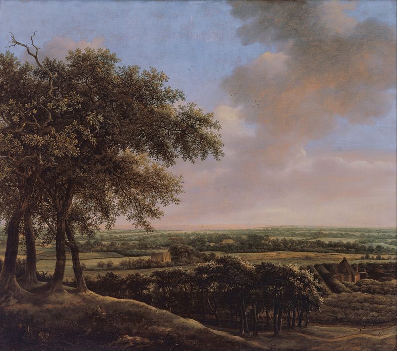 Landscape with Four Trees by Jan Lagoor, oil painting depicting trees and hills.