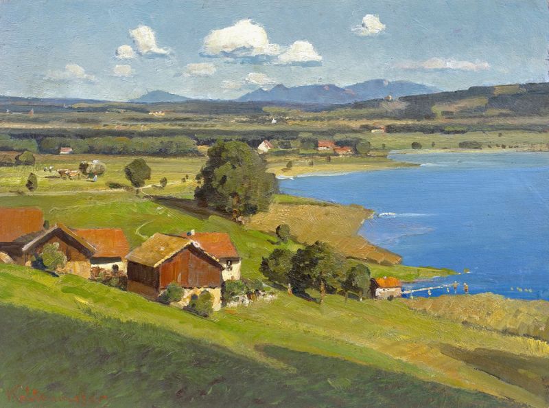 Pintura a óleo de paisagem de Karl Kaltenmoser mostrando um lago sereno e montanhas.