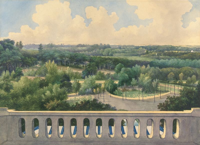 Landscape featuring a waterway, hills, and sky by Gerrit Jan Schouten, medium unknown.