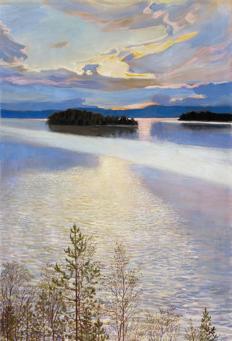 Lake View de Akseli Gallen-Kallela, óleo sobre tela que retrata um lago tranquilo refletindo um céu ao crepúsculo.
