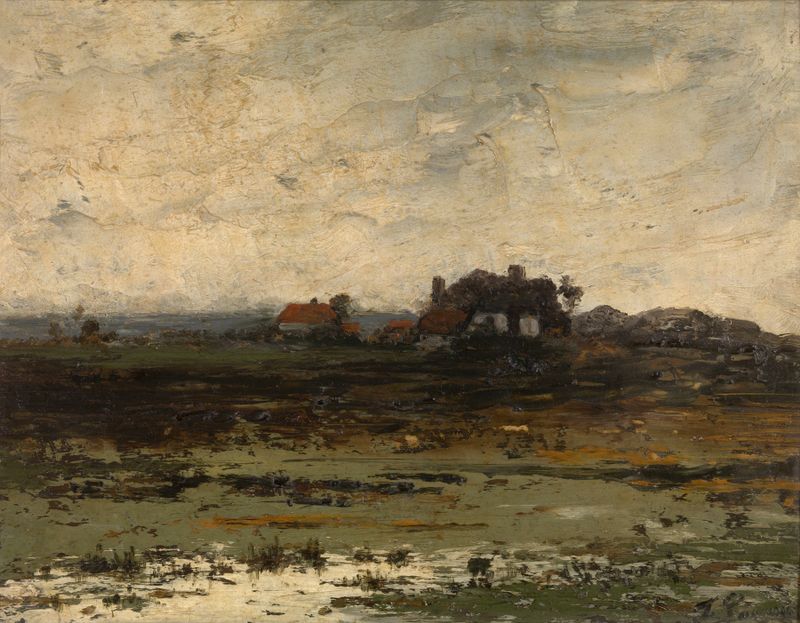 Landscape at dusk with fields and sunset glow, oil painting by Jean Pierre François Lamorinière