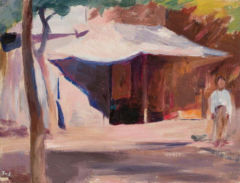 Pintura al óleo de paisaje de Jan Ciągliński con una casa rodeada de vegetación