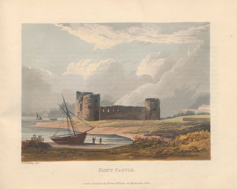 Flint Castle by Theodore Henry Adolphus Fielding, oil on canvas depicting a fortress at sunset.