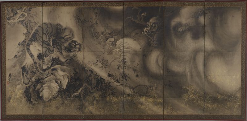 Dragon and Tiger de Yokoyama Kazan, medio dorado que representa un dragón y un tigre en feroz confrontación