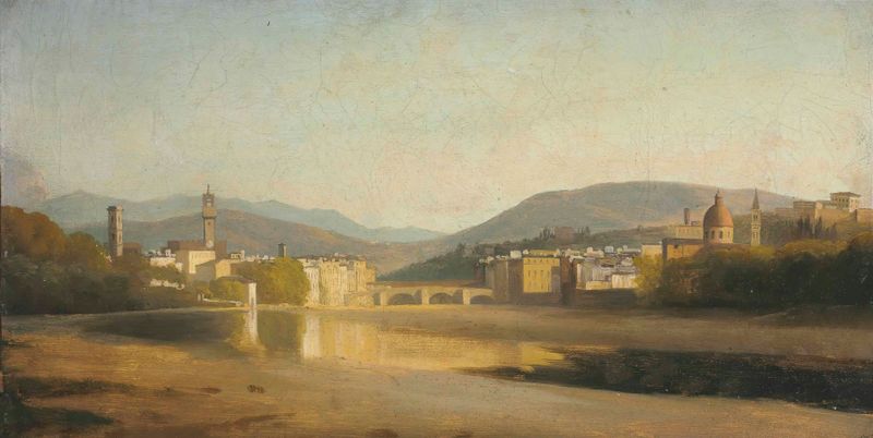 Florence landscape with the Arno River at sunset, oil on canvas by French School