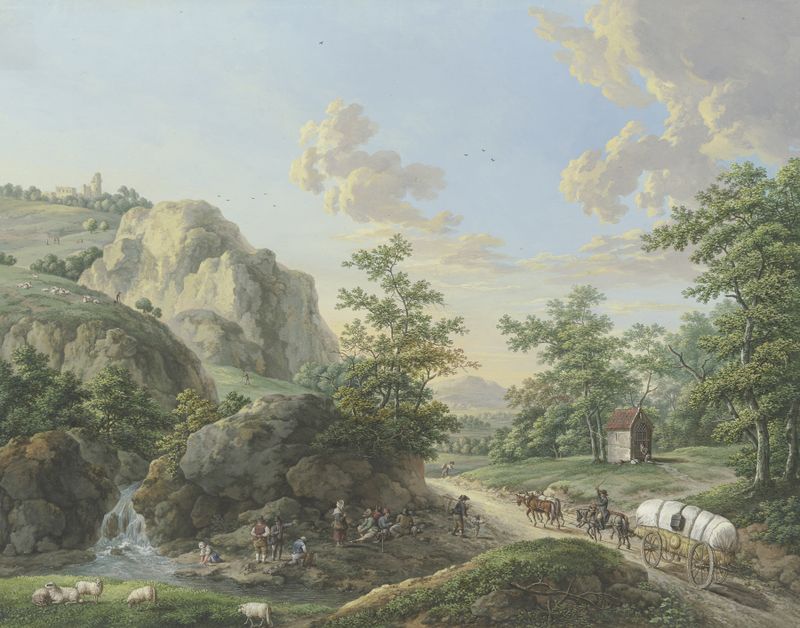 Landscape featuring mountains and a winding road by Karl Franz Kraul, medium unknown.