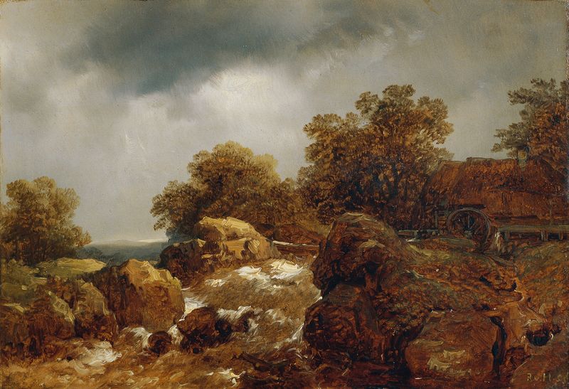 Felsige Landschaft by Remigius Adrianus van Haanen, oil painting depicting rugged cliffs and a vast sky.
