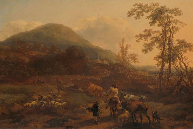 Paisagem com figuras e vegetação, pintura a óleo de Nicolaes Pietersz Berchem