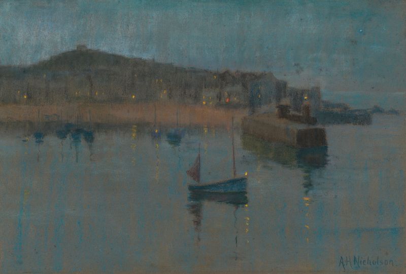 Escena marina al anochecer de Alice Hogarth Nicholson, pintura al óleo con reflejos en el agua