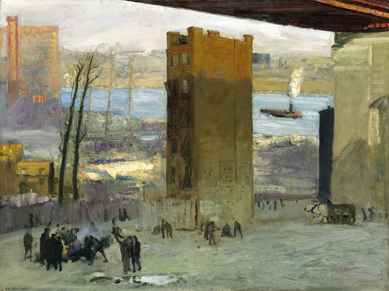 The Lone Tenement, óleo sobre tela de George Wesley Bellows, retratando uma estrutura urbana em ruínas.
