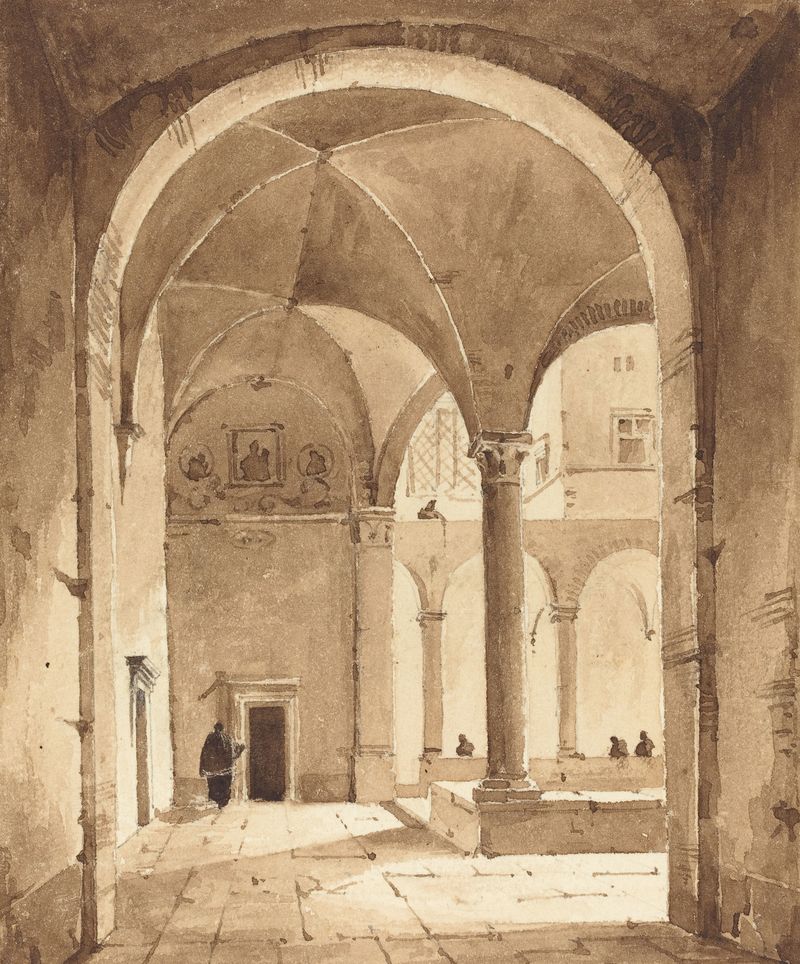 A cloister with soft stone arches and golden light by François-Marius Granet, oil painting