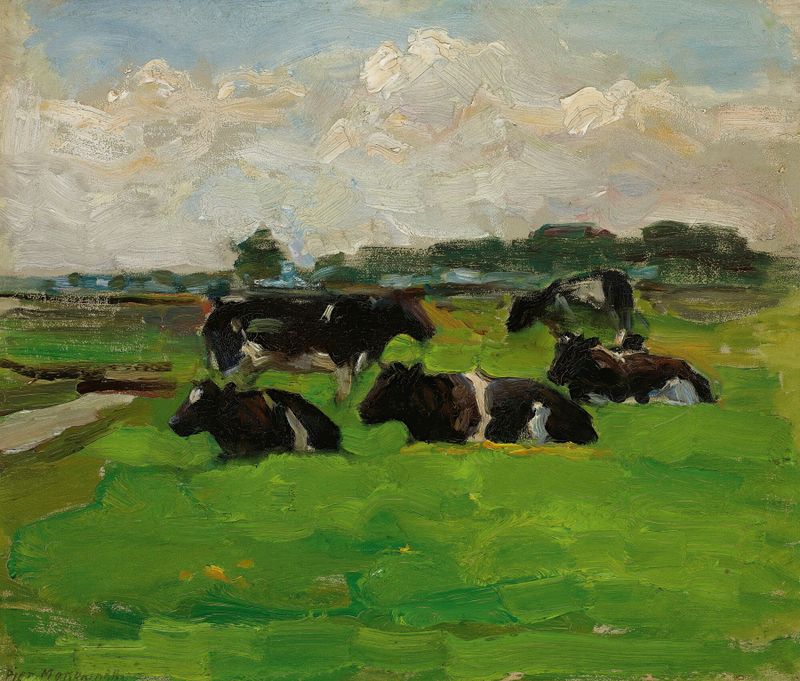 Landscape with five cows de Piet Mondrian, pintura al óleo
