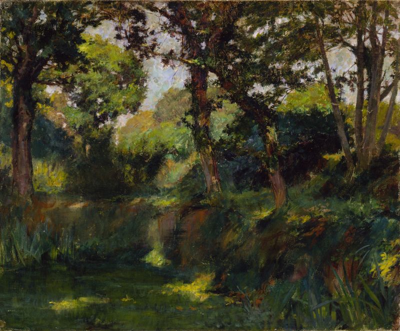 Paisagem arborizada em óleo sobre tela por Samuel Isham, com verdes ricos e luz difusa.