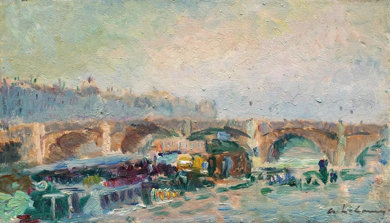 Landscape oil painting by Albert Lebourg featuring a bridge over a river with sunlight reflections.