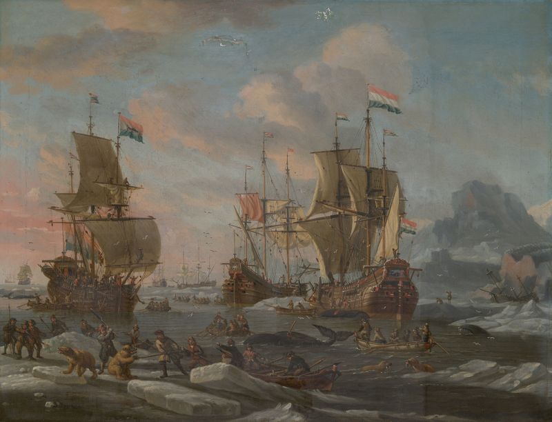 The Dutch Whaling Fleet by Abraham Storck, oil on canvas depicting a whaling ship in a stormy sea.