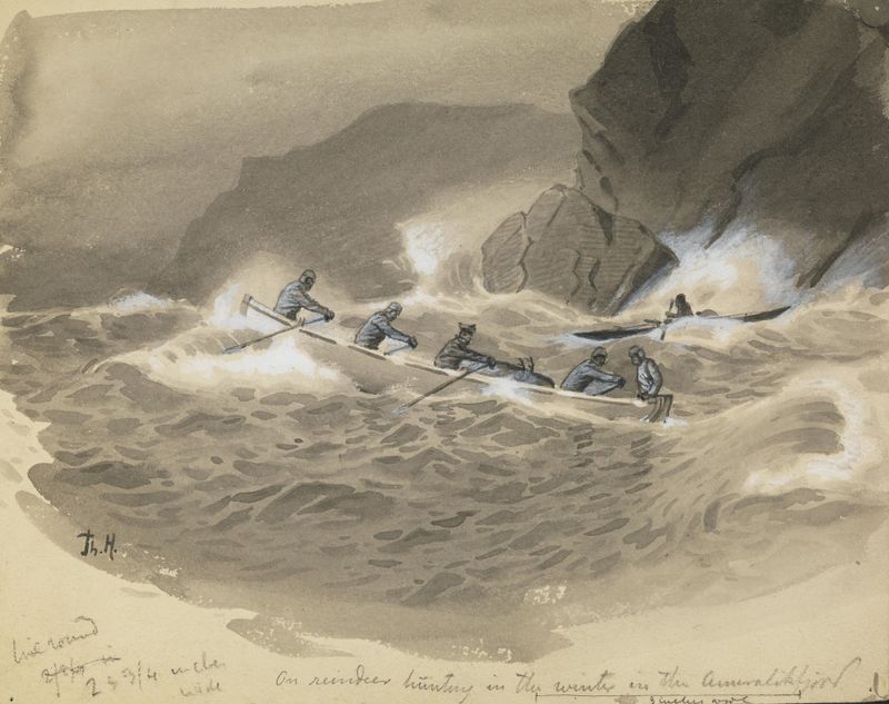 Marine scene depicting a boat hunting reindeer by Thorolf Holmboe, 1889