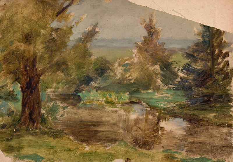 Paisaje con suaves tonos de ocre y verdes apagados de Jan Ciągliński, pintura al óleo