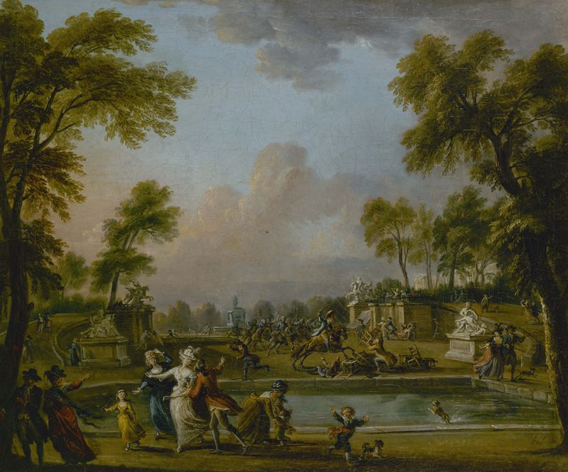 Historical scene of a prince charging through a crowd, oil painting by Jean-Baptiste Lallemand.
