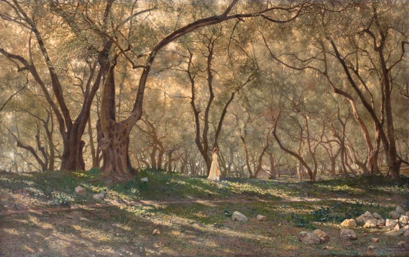 Oil painting by Henry Brokman depicting a girl under olive trees.