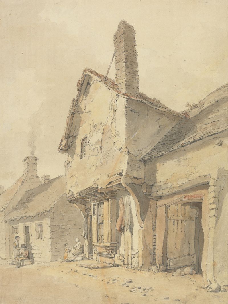 Genre scene depicting a village street with cottages and figures, oil painting by William Alexander